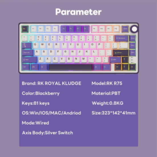 Royal Kludge RK R75 RGB Hot-Swappable Blackberry Switch Mechanical Keyboard
